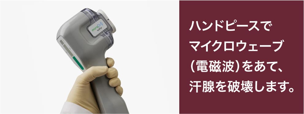 ハンドピースでマイクロウェーブ(電磁波)をあて、汗腺を破壊する治療です。